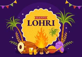 Happy Lohri Festival of Punjab India Illustration with Playing Dance and Celebration Bonfire in Flat Cartoon Hand Drawn for Landing Page Templates vector