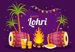 Happy Lohri Festival of Punjab India Illustration with Playing Dance and Celebration Bonfire in Flat Cartoon Hand Drawn for Landing Page Templates vector