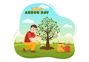 Happy Arbor Day on April 28 Illustration with Green Tree, Garden Tools and Nature Environment in Flat Cartoon Hand Drawn for Landing Page Templates vector