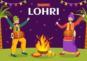 Happy Lohri Festival of Punjab India Illustration with Playing Dance and Celebration Bonfire in Flat Cartoon Hand Drawn for Landing Page Templates vector