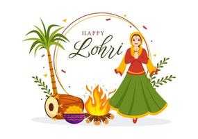 Happy Lohri Festival of Punjab India Illustration with Playing Dance and Celebration Bonfire in Flat Cartoon Hand Drawn for Landing Page Templates vector