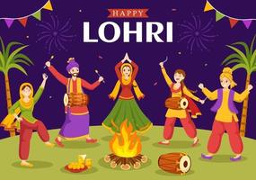 contento lohri festival de Punjab India ilustración con jugando danza y celebracion hoguera en plano dibujos animados mano dibujado para aterrizaje página plantillas vector