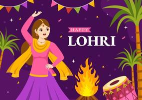 Happy Lohri Festival of Punjab India Illustration with Playing Dance and Celebration Bonfire in Flat Cartoon Hand Drawn for Landing Page Templates vector