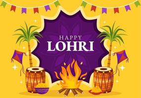 Happy Lohri Festival of Punjab India Illustration with Playing Dance and Celebration Bonfire in Flat Cartoon Hand Drawn for Landing Page Templates vector