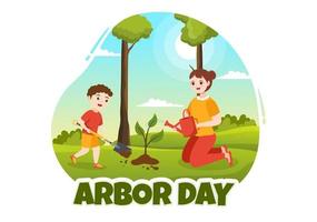 contento cenador día en abril 28 ilustración con niños plantando un árbol y naturaleza ambiente en plano dibujos animados mano dibujado para aterrizaje página plantillas vector