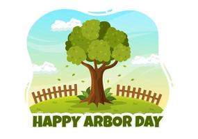 Happy Arbor Day on April 28 Illustration with Green Tree, Garden Tools and Nature Environment in Flat Cartoon Hand Drawn for Landing Page Templates vector