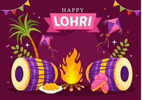 Happy Lohri Festival of Punjab India Illustration with Playing Dance and Celebration Bonfire in Flat Cartoon Hand Drawn for Landing Page Templates vector