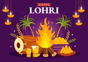 Happy Lohri Festival of Punjab India Illustration with Playing Dance and Celebration Bonfire in Flat Cartoon Hand Drawn for Landing Page Templates vector