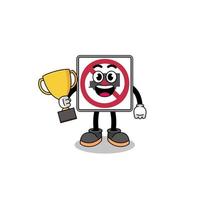 Cartoon mascot of no trucks road sign holding a trophy vector