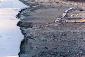 Thin ice on the river and the bank in the snow in the sunlight. Texture. Photo in high quality. Horizontal. Background.