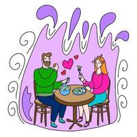 un Pareja en amor es sentado a un mesa y comiendo. esta es un vector imagen en el estilo de un cómic libro