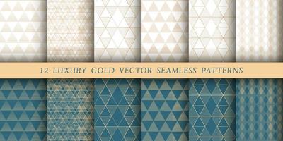 Set of 12 luxurious vector seamless patterns. Geometrical patterns on a white and emerald background. Modern illustrations for wallpapers, flyers, covers, banners, minimalistic ornaments, backgrounds.