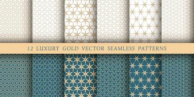 Set of 12 luxurious vector seamless patterns. Geometrical patterns on a white and emerald background. Modern illustrations for wallpapers, flyers, covers, banners, minimalistic ornaments, backgrounds.