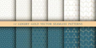 Set of 12 luxurious vector seamless patterns. Geometrical patterns on a white and emerald background. Modern illustrations for wallpapers, flyers, covers, banners, minimalistic ornaments, background