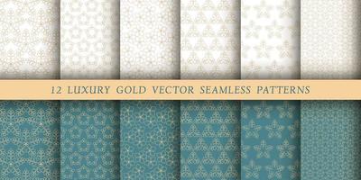 Set of 12 luxurious vector seamless patterns. Geometrical patterns on a white and emerald background. Modern illustrations for wallpapers, flyers, covers, banners, minimalistic ornaments, backgrounds.