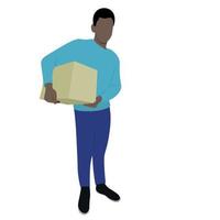 The black guy holds a big box with two hands under his arm, flat vector, isolate on white, faceless illustration, delivery, moving vector