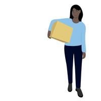 A dark-skinned girl holds a large box with one hand under her arm, flat vector, isolated on white, delivery, moving vector