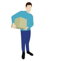 The guy holds a big box with two hands under his arm, flat vector, isolate on white, faceless illustration, delivery, moving vector