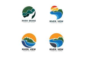 diseño del logo del río, vector de la cala del río, ilustración de la orilla del río con una combinación de montañas y naturaleza, marca de producto