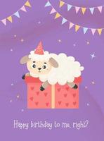 Cute sheep in birthday hat lies on gift box. Cool greeting vertical card with an inscription Happy birthday to me, right. Vector illustration in cartoon flat style.