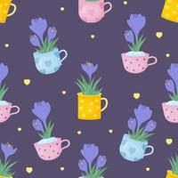 Cute floral seamless pattern. Spring bouquet of flowers crocuses in cups on blue background. Vector illustration. Botanical pattern for decor, design, packaging, wallpaper, textile.