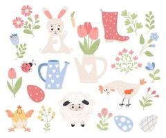 Spring Easter collection. Easter Bunny, Sheep, Chicken and Rooster, Eggs and Flowers, Rubber Boot and Watering Can. Vector flat cartoon elements for design, decor and kids collection.