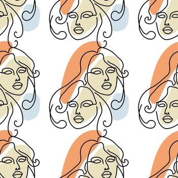 Seamless pattern with illustration woman face in a line art style on a white background vector