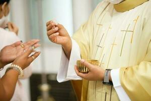 Prayer person hand  to god at church. photo