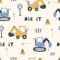 Cute children's seamless pattern with trucks and diggers in Scandinavian style on a white background. Building equipment. Funny construction transport vector