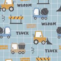 Cute children's seamless pattern with trucks and diggers in Scandinavian style on a white background. Building equipment. Funny construction transport vector