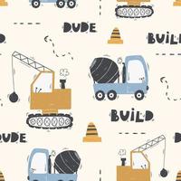 Cute children's seamless pattern with trucks and diggers in Scandinavian style on a white background. Building equipment. Funny construction transport vector