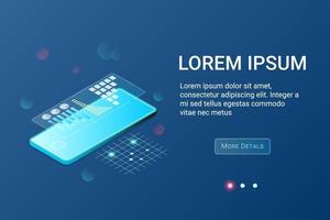 Banner for website, landing page with modern smartphone isometric vector illustration with infographic elements on floating glass, template