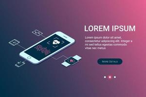 Template banner for website, for landing page with vector illustration of modern mobile phone and icons Monitor Heart, Smart Watch Health Tracker, On Device Training, Install Mobile App in isometry