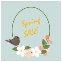 Spring sale design with flowers and bird. Vector illustration in flat style