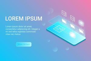 Banner for website, landing page with vector isometric illustration in techno style of modern mobile phone with icons in infographics, template