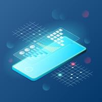 Isometric smartphone with infographic elements on a blue gradient background. 3d vector illustration in techno style