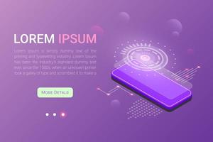 Banner for website, for landing page with vector illustration of modern mobile phone, with infographic elements in isometry, template