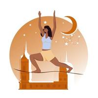 Vector illustration. Italian girl on slackline yoga. Sports girl demonstrates yoga position. Background abstraction