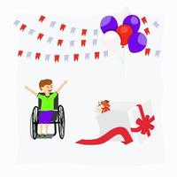 Birthday of a child with disabilities. The child was given a dog. Dog in a big gift box. The boy is happy. Disabled carriage. Bright balls. vector illustration