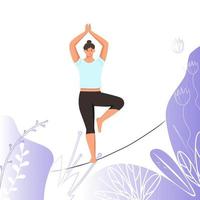 Vector illustration. Slackline yoga. Sports girl demonstrates yoga position. Background abstraction