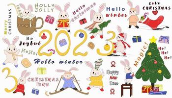 Set of New Year's rabbits. Collection of Christmas bunnies. 2023 is the year of the rabbit. Vector illustration