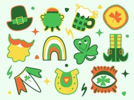 St Patrick's Day sticker set in doodle style. Cute Irish holiday symbols and boho elements collection. Trendy retro print. Flat vector template for logo, icon, labels, poster, greeting card.