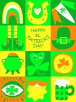 St Patrick's Day greeting card. Bright trippy style. Fun Irish holiday celebration. Great for poster, invitation, print, t-shirts, background, festive decor. Trendy y2k retro hippie print. Flat vector
