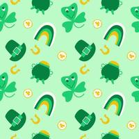 St Patrick's Day seamless doodle pattern. Celebration of Irish holiday, leprechaun clover, gold horseshoe, rainbow etc. Background for wrapping, textile, apparel. Trendy y2k retro hippie print. Vector