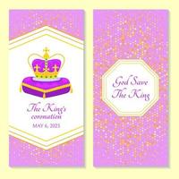 Typography flyer in honor of the King's Charles III coronation. God Save the King two sides poster. Golden crown on purple pillow. Great for banner, greeting card, invitations, voucher, print. Vector