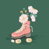 Trendy Women's day greeting card. Pink Roller skates with colorful bouquet of wildflowers inside. Hand drawn templates for March 8, birthday, Mother's day. Vector flat cartoon illustration