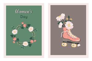 Women's day poster with flowers, roller skates, floral wreath. Set of Womens Day card, March 8, birthday, Mother's day. Spring background. Vector hand drawn flat illustration for web, print, holidays