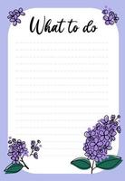 Daily planner, to-do list decorated with lilac illustrations and trendy lettering. Vector illustration