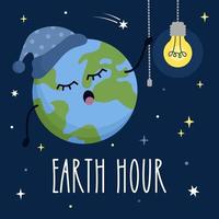 Earth hour day. Cute cartoon globe earth turns off the light bulb in space. Flat vector illustration.