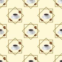 Seamless pattern with a cup and coffee beans on a light background with frames. Background for wallpapers, textiles, packaging. Vector image